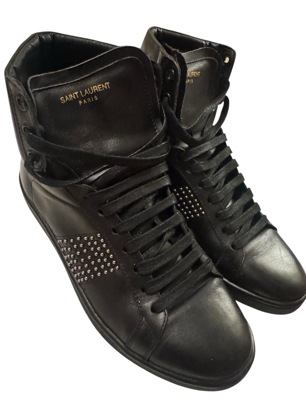 Saint Laurent Black Leather Stud-Accent High-Top Sneakers Sz 39-40